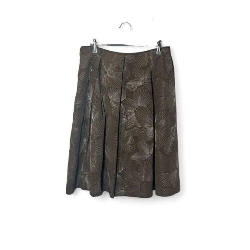 Talbot Women 10 Brown Silver Metallic Thread Silk Embroidery Pleated Swing Skirt